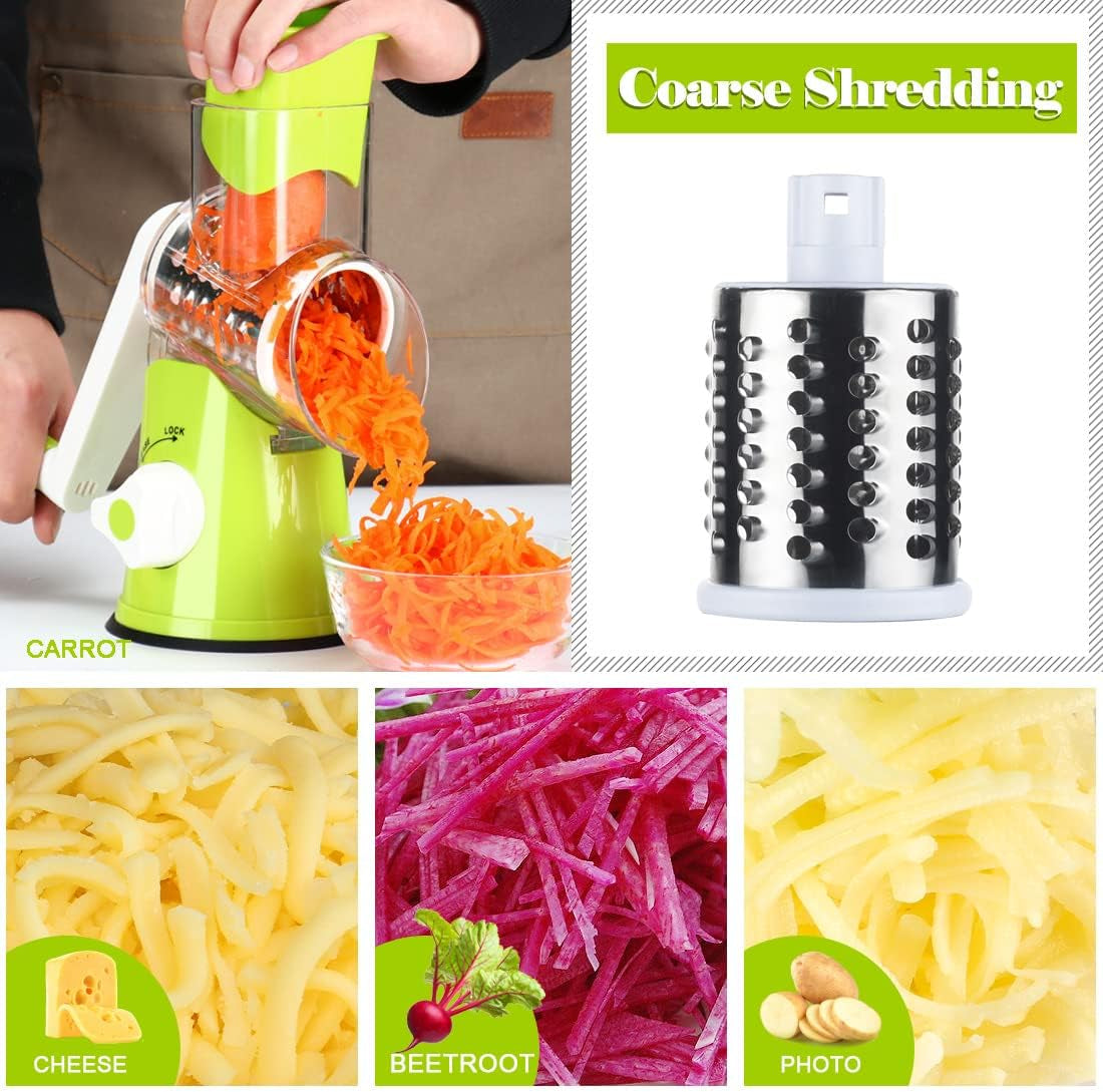 Rotary Cheese Grater & Vegetable Shredder with 3 Interchangeable Blades – Hand Crank Mandoline Slicer (Green)