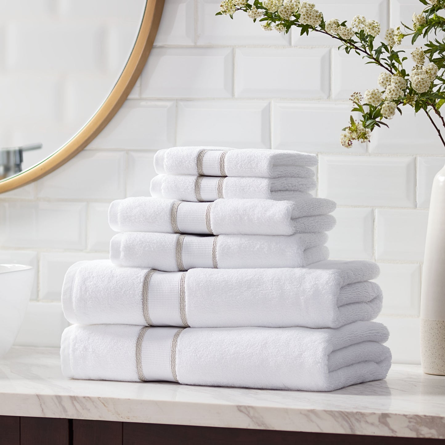 6-Piece Egyptian Cotton Striped Towel Set – Soft & Absorbent Bath Towels, Birchwood Color