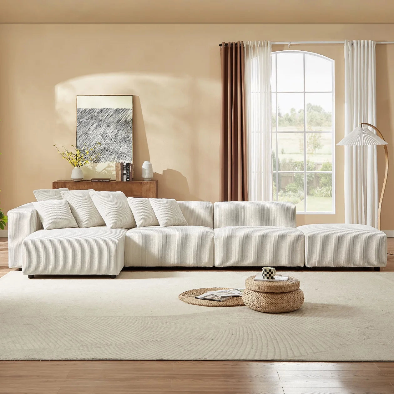 155" Modular L-Shaped Sectional Sofa – 4-Piece Corduroy Upholstered Deep Seat Couch with Reversible Chaise, Beige – Modern Minimalist Corner Sofa for Living Room or Office