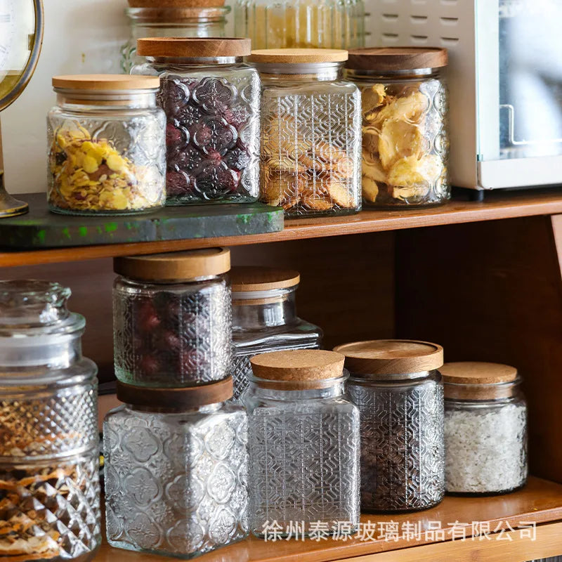 Vintage Embossed Glass Storage Jar with Acacia Wood Lid