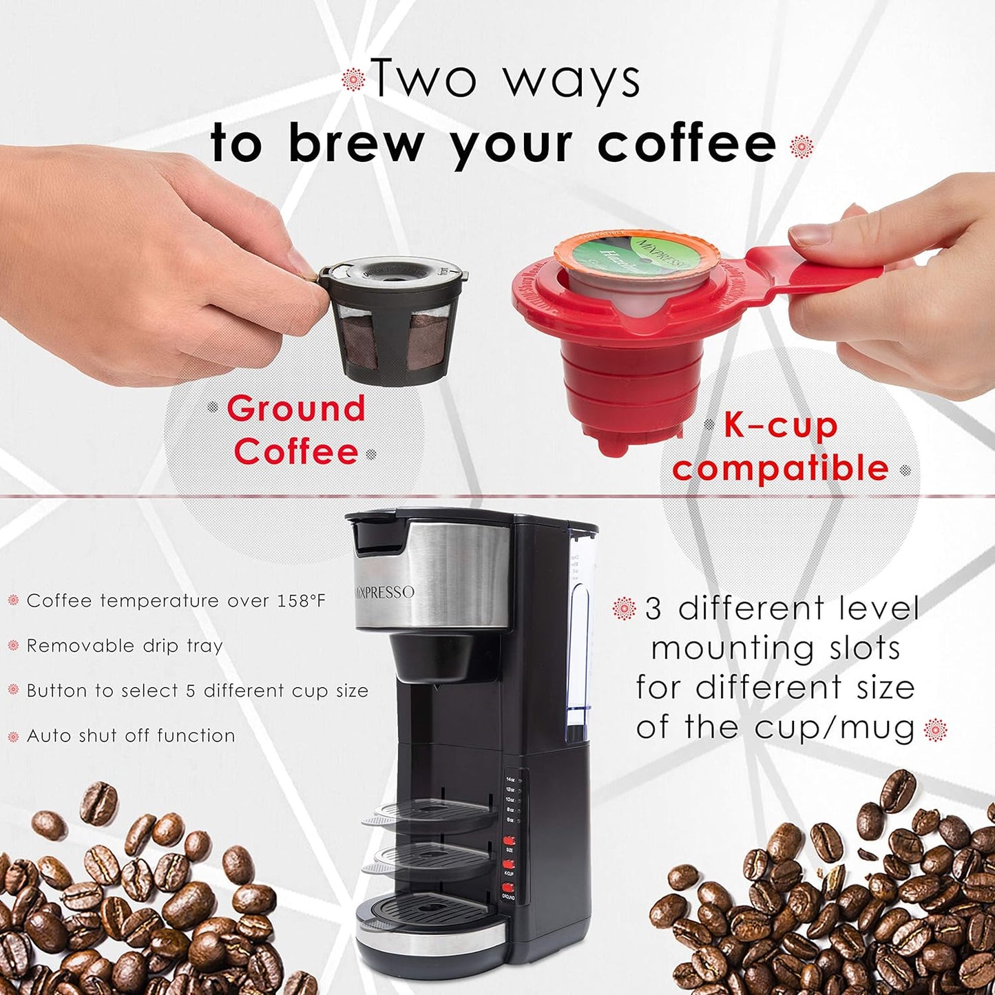 Single Serve Coffee Maker – Compatible with K-Cup Pods & Ground Coffee, 5 Brew Sizes, 30 Oz Compact Brewer with Travel Mug Fit & Adjustable Drip Tray – Black