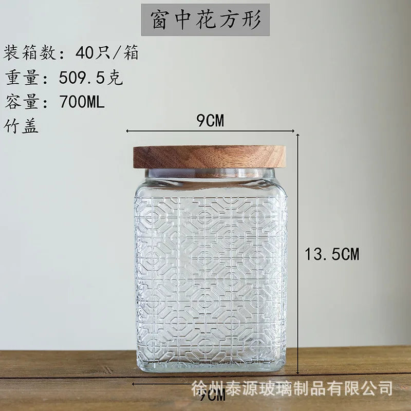 Vintage Embossed Glass Storage Jar with Acacia Wood Lid