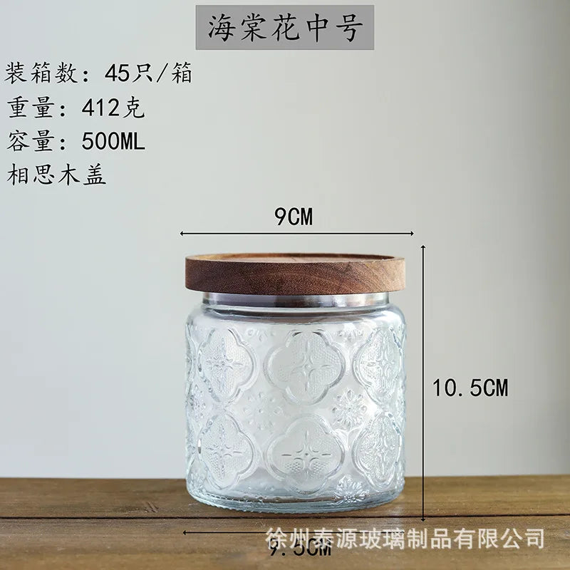 Vintage Embossed Glass Storage Jar with Acacia Wood Lid