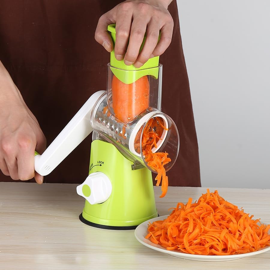 Rotary Cheese Grater & Vegetable Shredder with 3 Interchangeable Blades – Hand Crank Mandoline Slicer (Green)