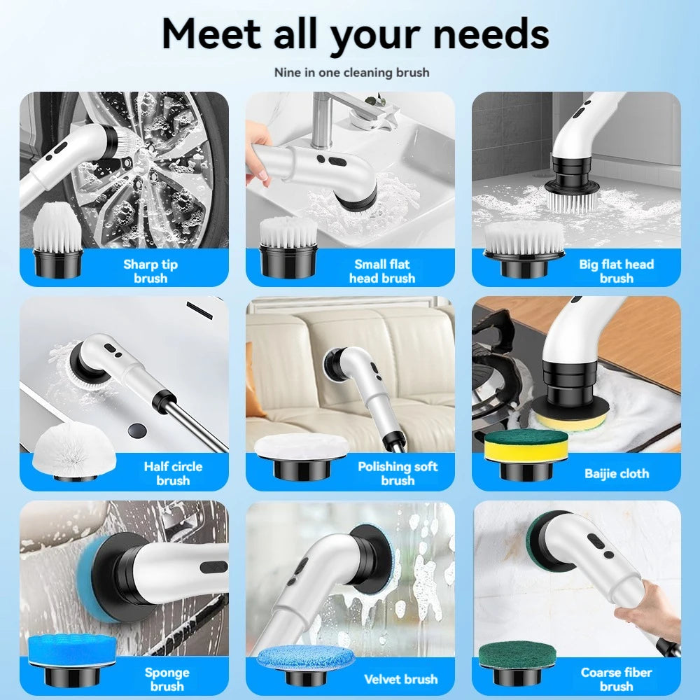 9-in-1 Electric Cleaning Brush – Wireless Handheld Scrubber with Telescopic Handle