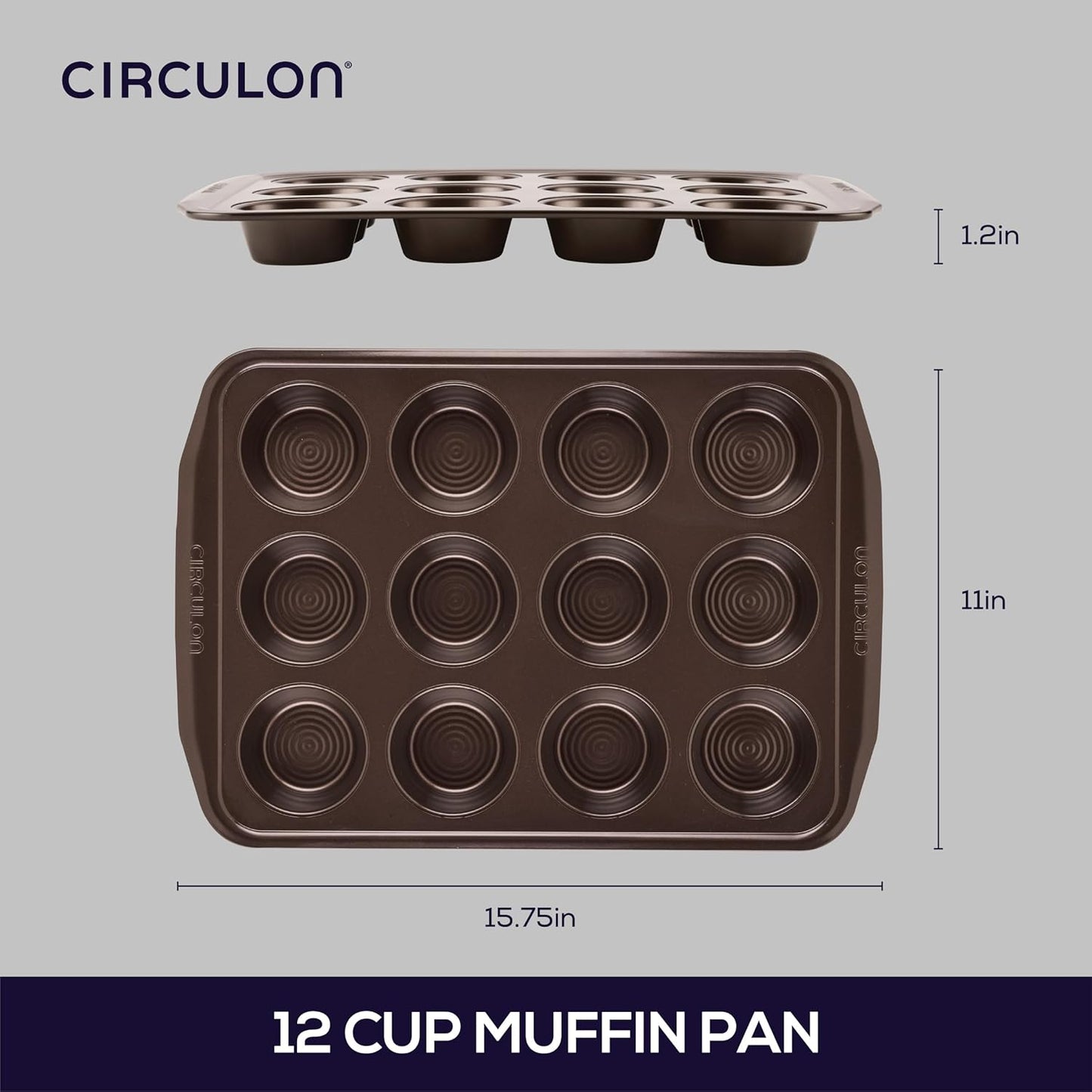 12-Cup Nonstick Muffin Pan – Brown Steel Cupcake & Muffin Bakeware Tray for Even Baking and Easy Release