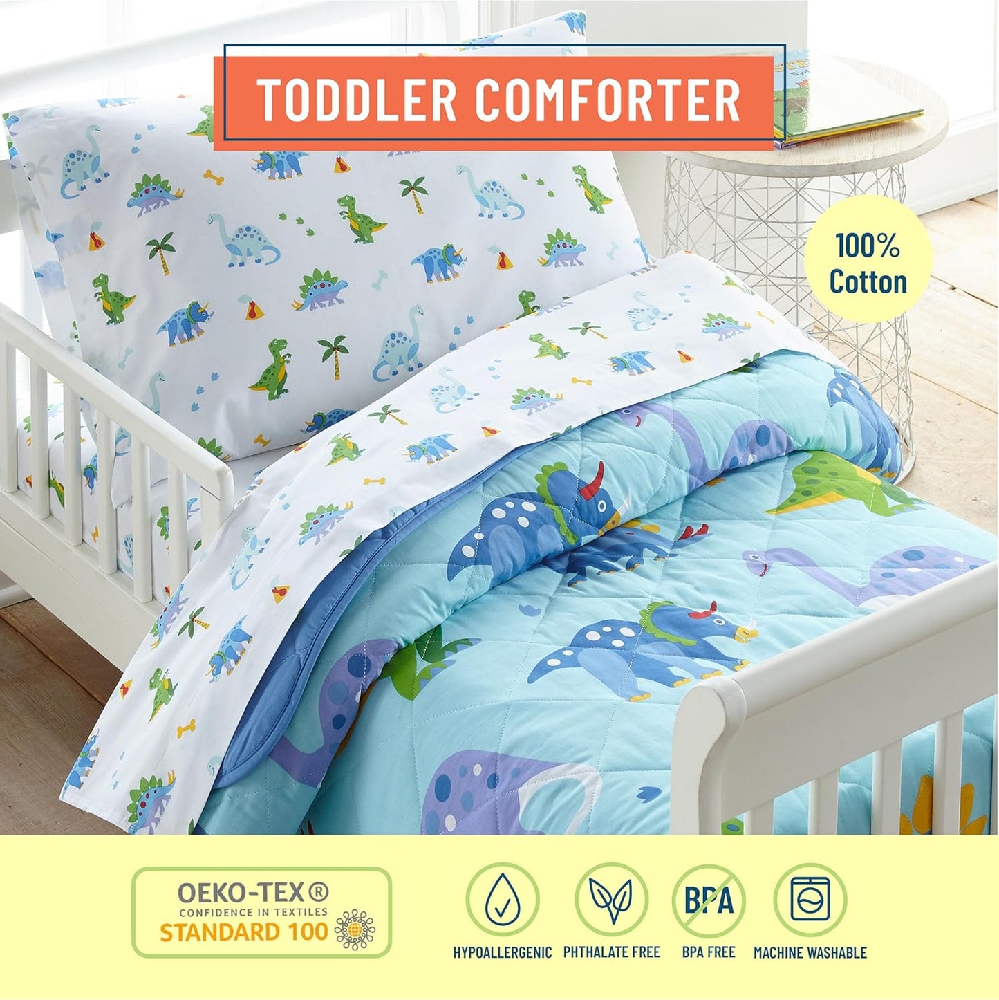Kids Cotton Toddler Comforter – Soft & Lightweight Dinosaur Land Quilt for Cribs and Toddler Beds, Fits Standard Crib Mattress