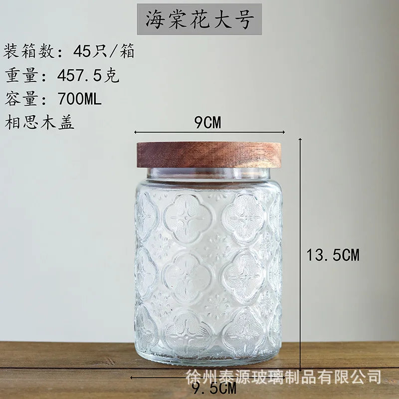 Vintage Embossed Glass Storage Jar with Acacia Wood Lid