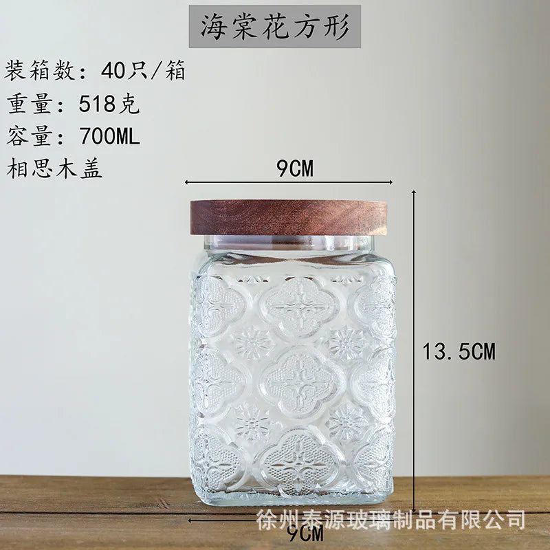 Vintage Embossed Glass Storage Jar with Acacia Wood Lid