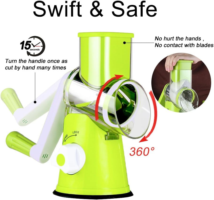Rotary Cheese Grater & Vegetable Shredder with 3 Interchangeable Blades – Hand Crank Mandoline Slicer (Green)