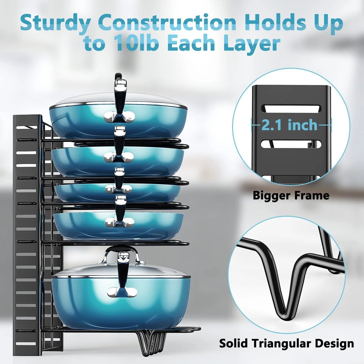 8-Tier Pot and Pan Organizer Rack – Adjustable Cookware Storage Stand with Pot Lid Holder for Kitchen Cabinet Organization
