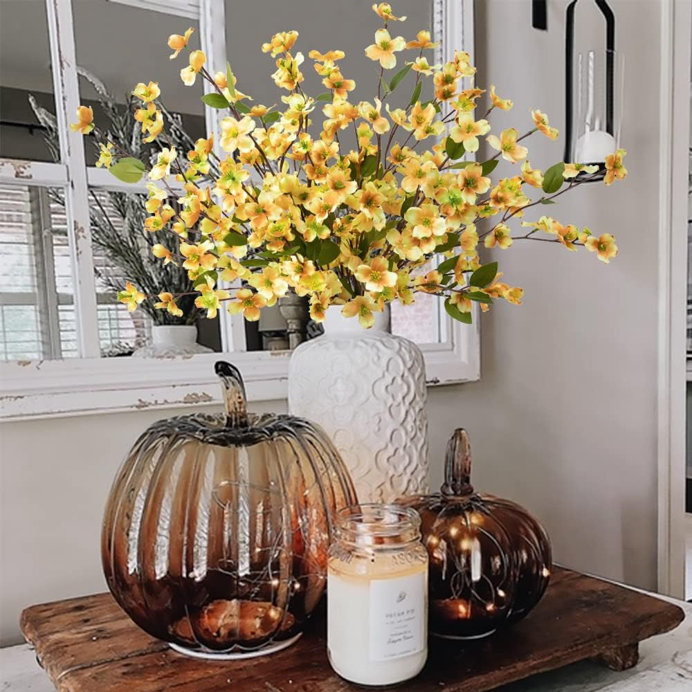8 PCS Artificial Dogwood Blossom Stems – Silk Cornus Flowers for Home Decor & Table Centerpieces (Champagne)