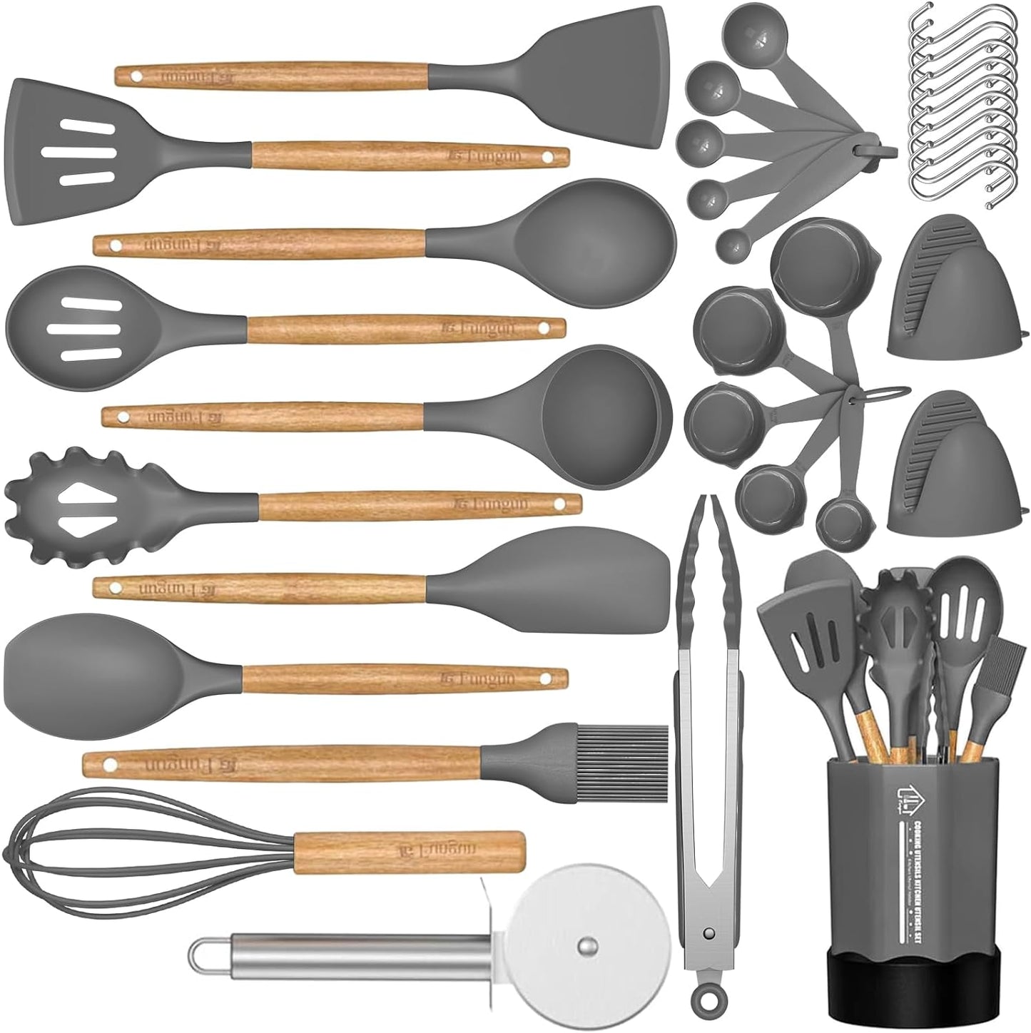 35-Piece Silicone Cooking Utensil Set – Non-Stick, Heat-Resistant Kitchen Tools with Natural Wooden Handles – Gray Kitchen Gadgets & Cookware Set
