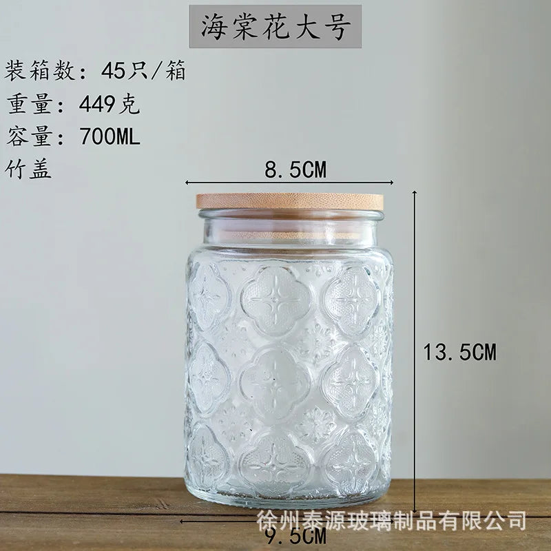 Vintage Embossed Glass Storage Jar with Acacia Wood Lid