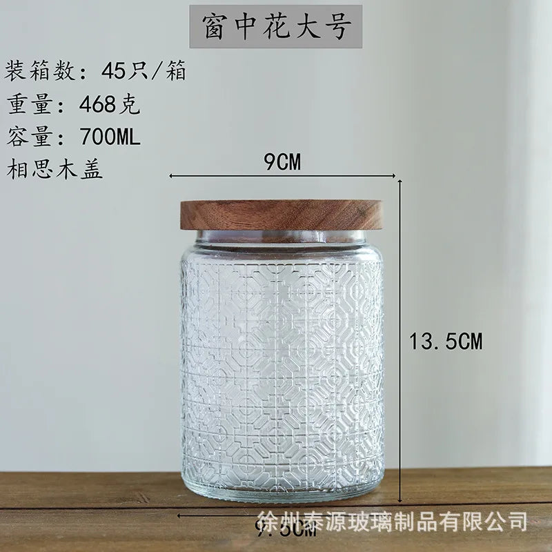 Vintage Embossed Glass Storage Jar with Acacia Wood Lid