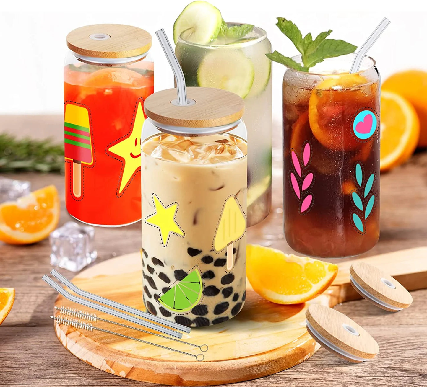 16 Oz Beer Can Shaped Glass Cups with Bamboo Lids & Glass Straws – Set of 4 Reusable Iced Coffee Glasses – Aesthetic Drinking Glasses for Soda, Tea, Water, Whiskey – Eco-Friendly Gift Set