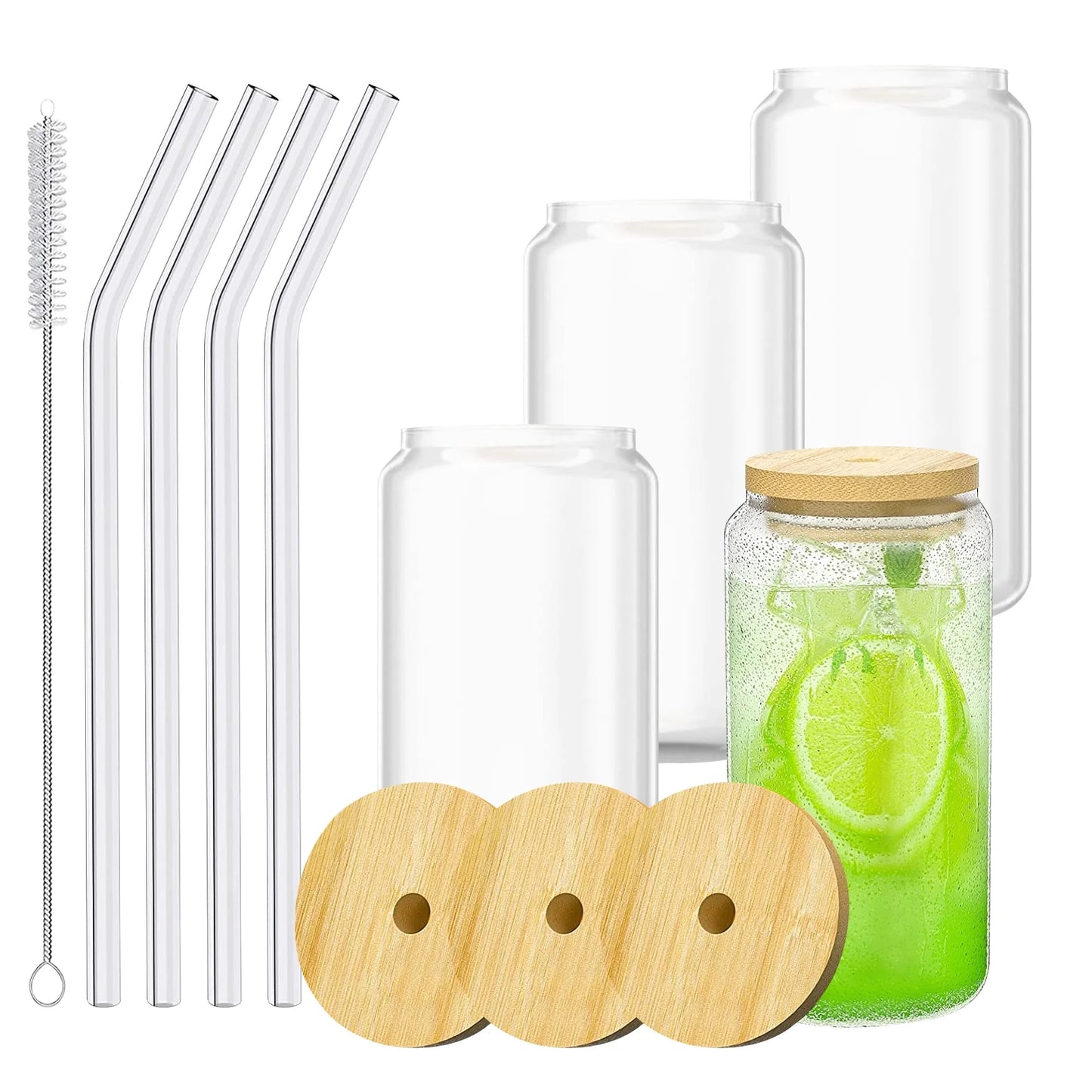 16 Oz Beer Can Shaped Glass Cups with Bamboo Lids & Glass Straws – Set of 4 Reusable Iced Coffee Glasses – Aesthetic Drinking Glasses for Soda, Tea, Water, Whiskey – Eco-Friendly Gift Set