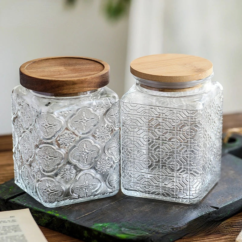 Vintage Embossed Glass Storage Jar with Acacia Wood Lid