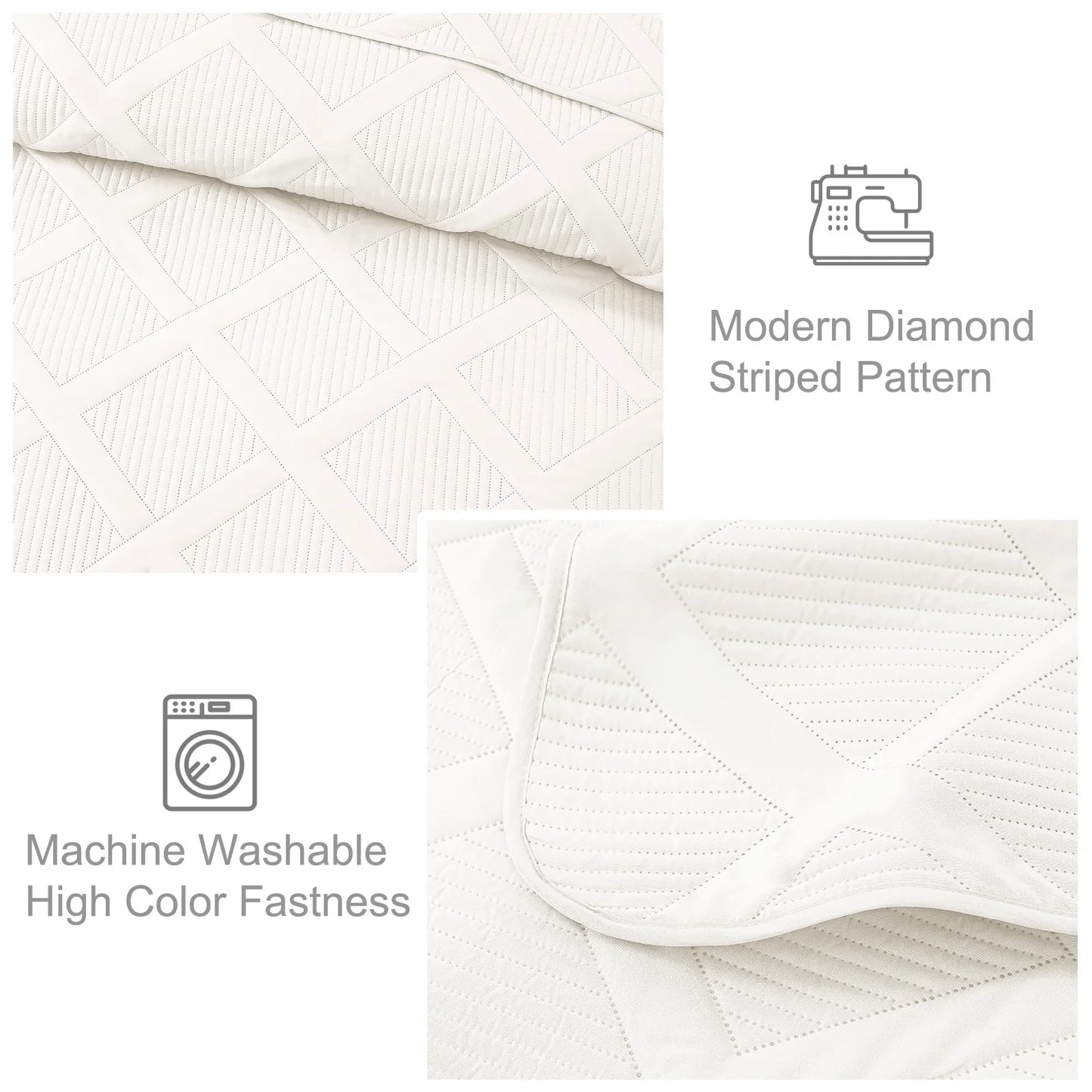 Ultrasonic 3-Piece King Quilt Set – Lightweight Striped Coverlet Bedspread in White, Modern Bedding