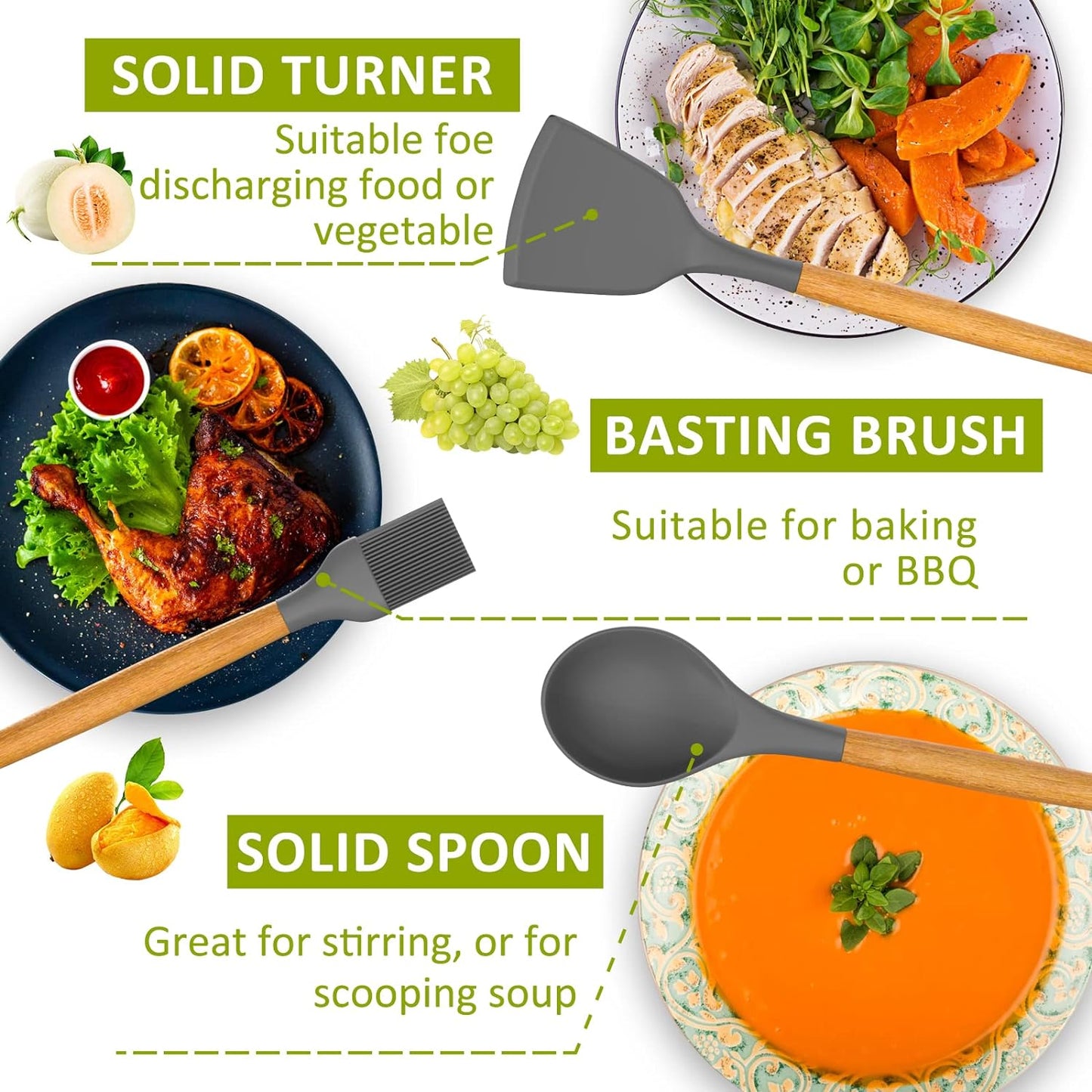 35-Piece Silicone Cooking Utensil Set – Non-Stick, Heat-Resistant Kitchen Tools with Natural Wooden Handles – Gray Kitchen Gadgets & Cookware Set