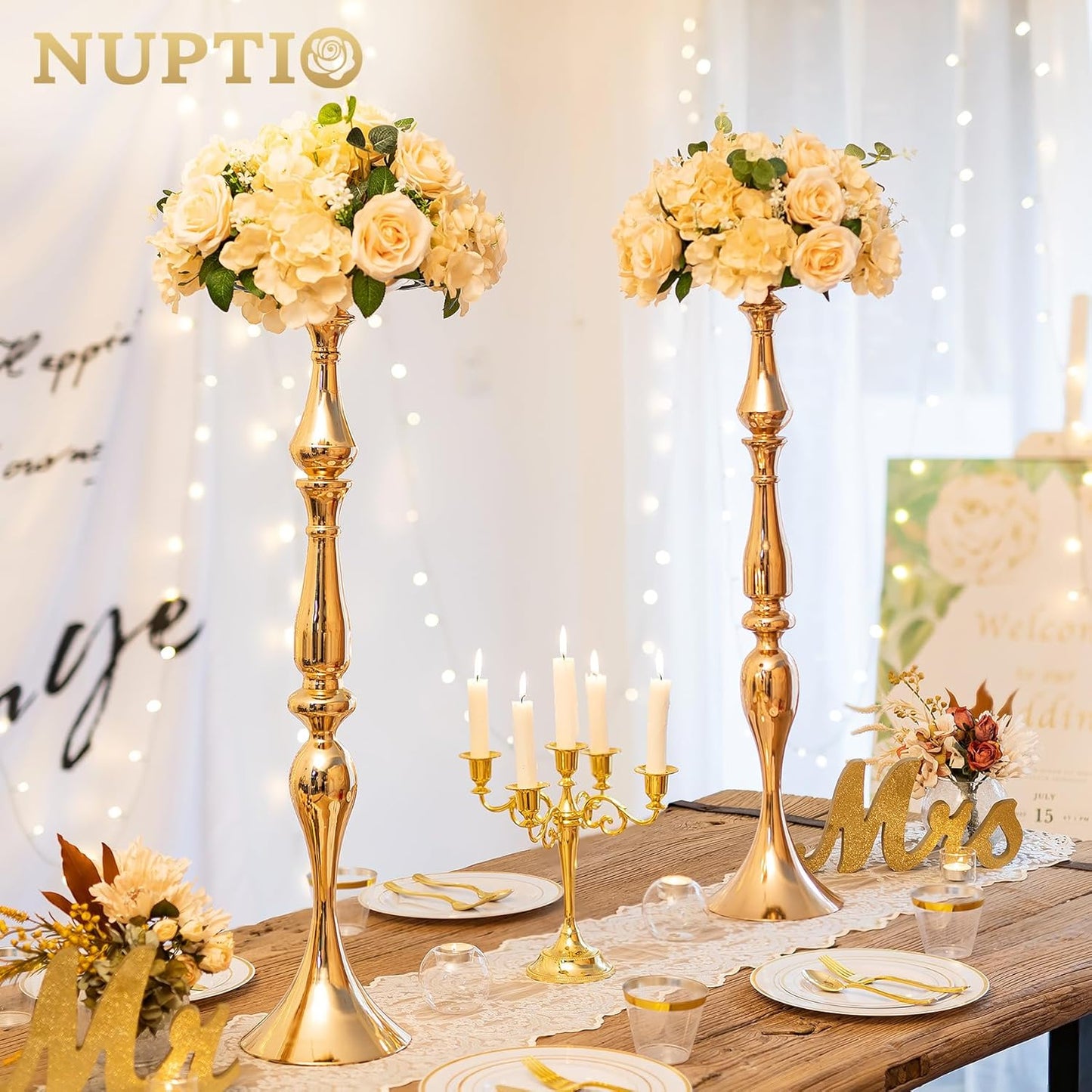 2-Piece Gold Metal Flower Arrangement & Candle Holder Rack Set – 31.5" Wedding Centerpiece Stands