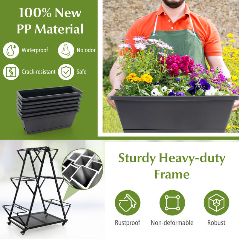 3-Tier Vertical Raised Garden Bed with Wheels – Mobile Planter with 6 Container Boxes for Herbs, Vegetables & Flowers