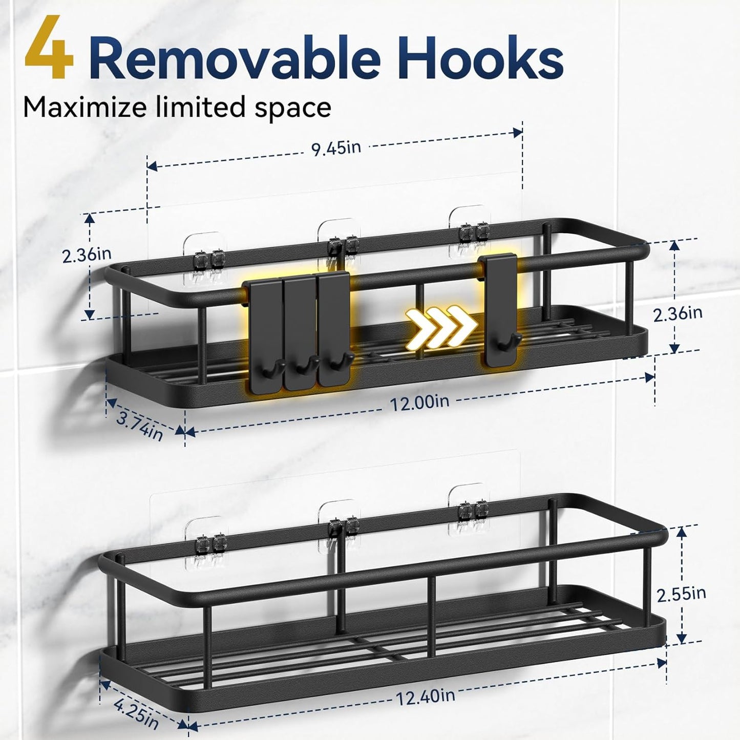 Adhesive Shower Caddy 2-Pack – No-Drill Rustproof Bathroom Organizer Shelves with Removable Hooks, Wall-Mounted Black Shower Rack