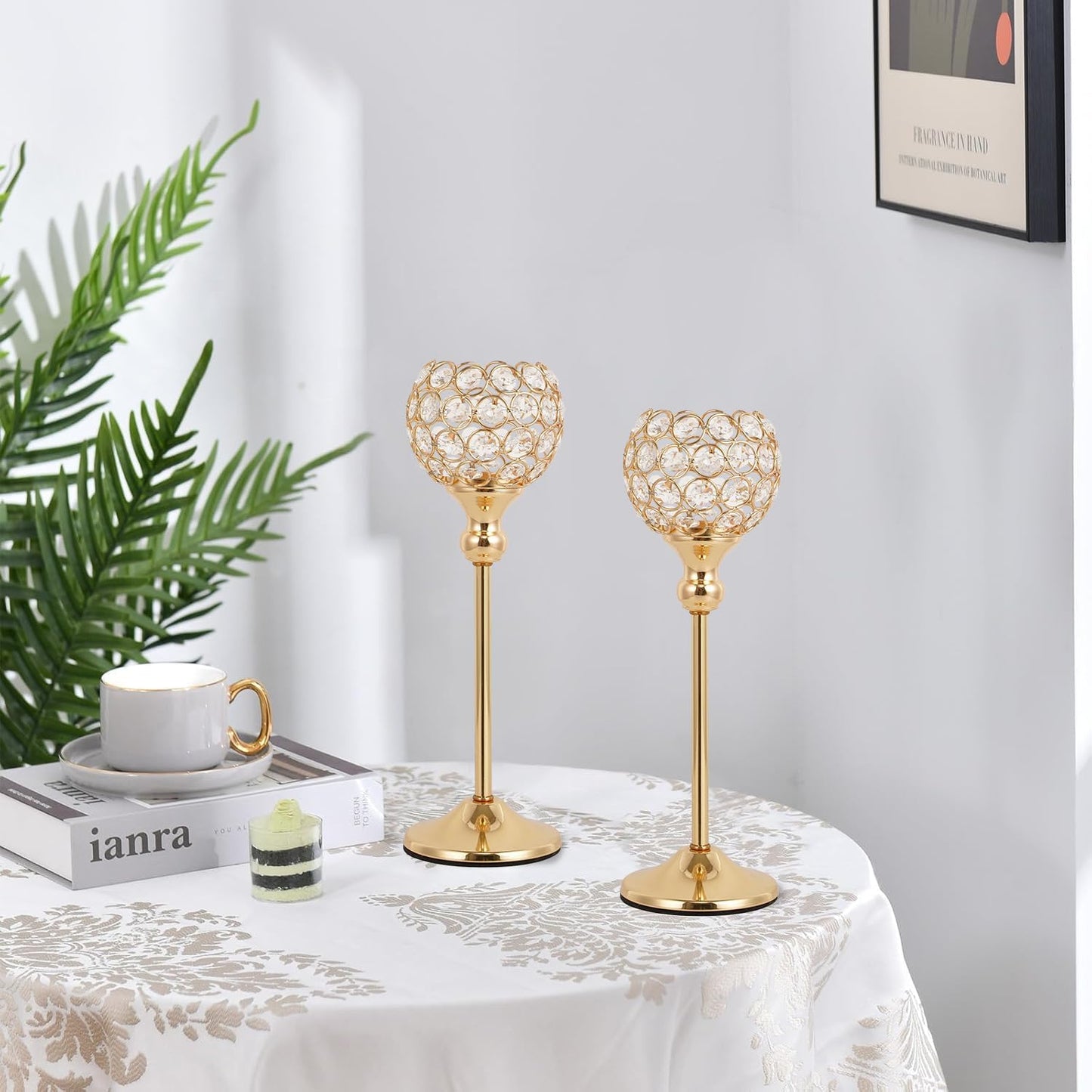 8PCS Gold Crystal Tea Light Candle Holders – Rhinestone Decorative Tray Set for Weddings & Parties