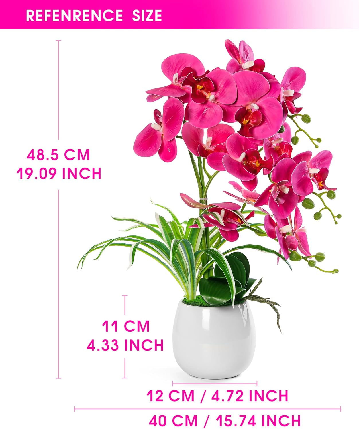 19” Artificial Fuchsia Orchid Plant with Ceramic Vase – Realistic Faux Flower Decor