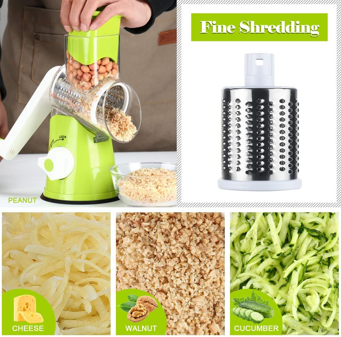 Rotary Cheese Grater & Vegetable Shredder with 3 Interchangeable Blades – Hand Crank Mandoline Slicer (Green)