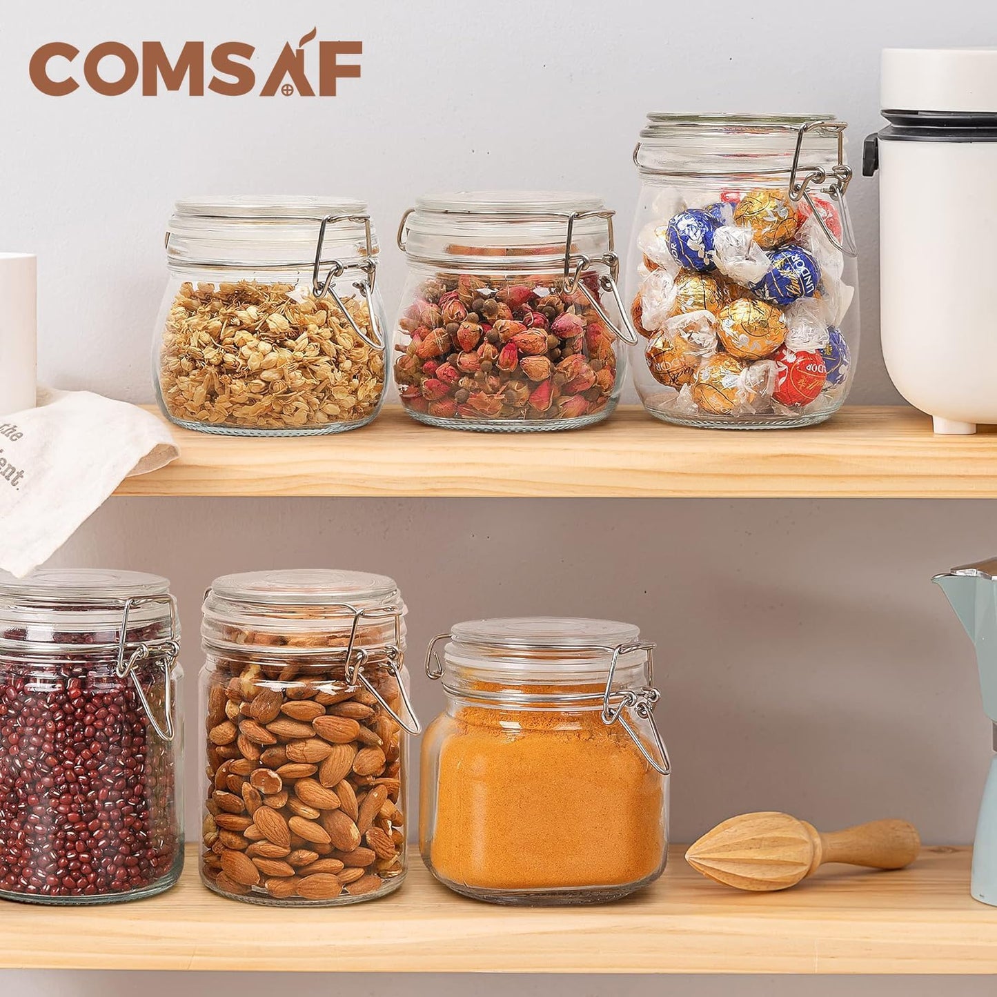 Airtight Glass Canister Set of 6 – 17oz Food Storage Jars with Lids & Wire Clip Seals – Clear Round Containers for Cereal, Pasta, Sugar, Beans & Spices
