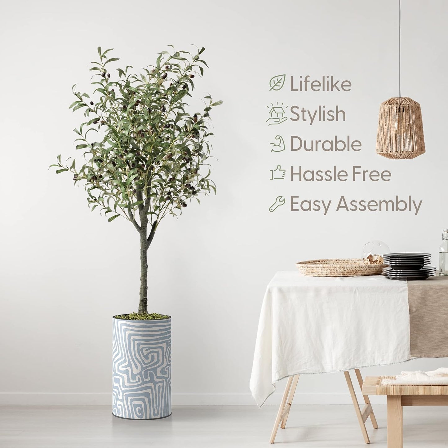 60" Artificial Olive Tree in Geometric Planter – Modern Silk Tree for Indoor & Outdoor Decor