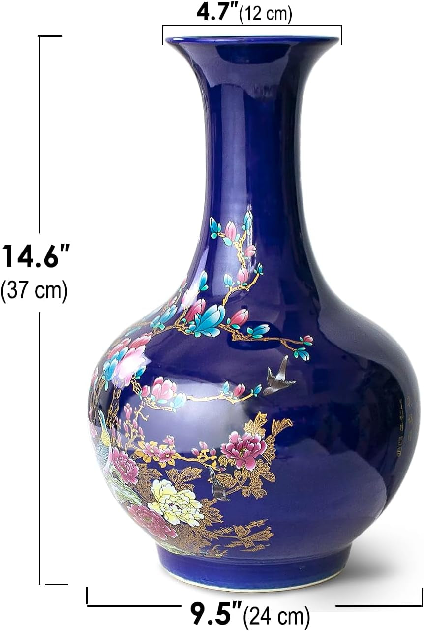 Handmade Famille Rose Porcelain Vase – Cobalt Blue, Globular, 14.5"