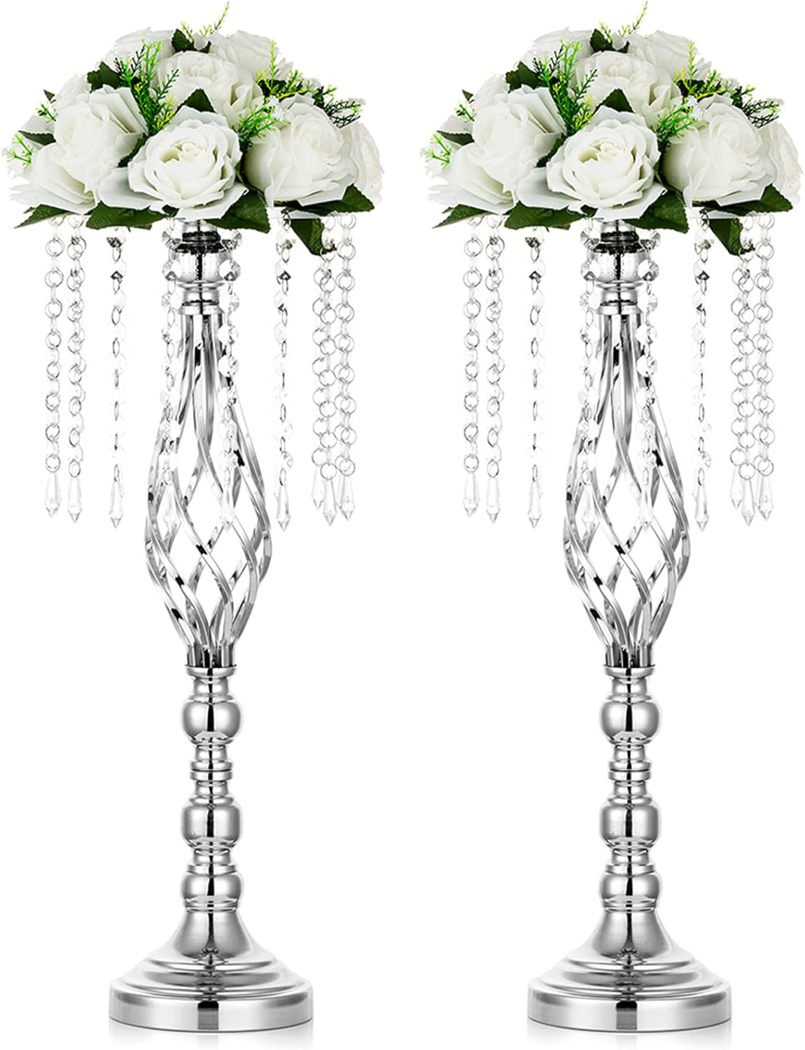 2-Pc Silver Wedding Centerpiece Flower Stands – 21.7" Tall Crystal Vases for Weddings & Events