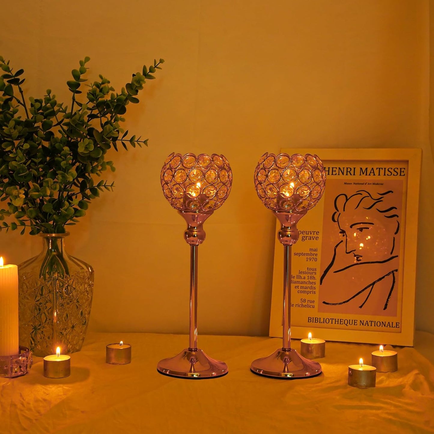 8PCS Gold Crystal Tea Light Candle Holders – Rhinestone Decorative Tray Set for Weddings & Parties
