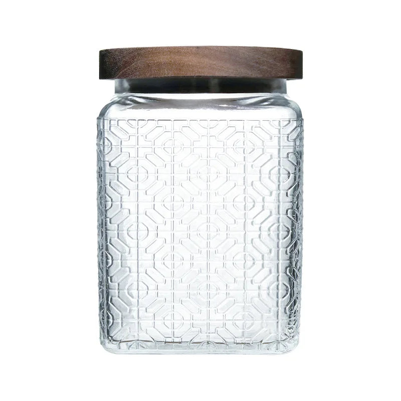 Vintage Embossed Glass Storage Jar with Acacia Wood Lid