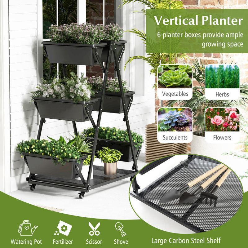 3-Tier Vertical Raised Garden Bed with Wheels – Mobile Planter with 6 Container Boxes for Herbs, Vegetables & Flowers