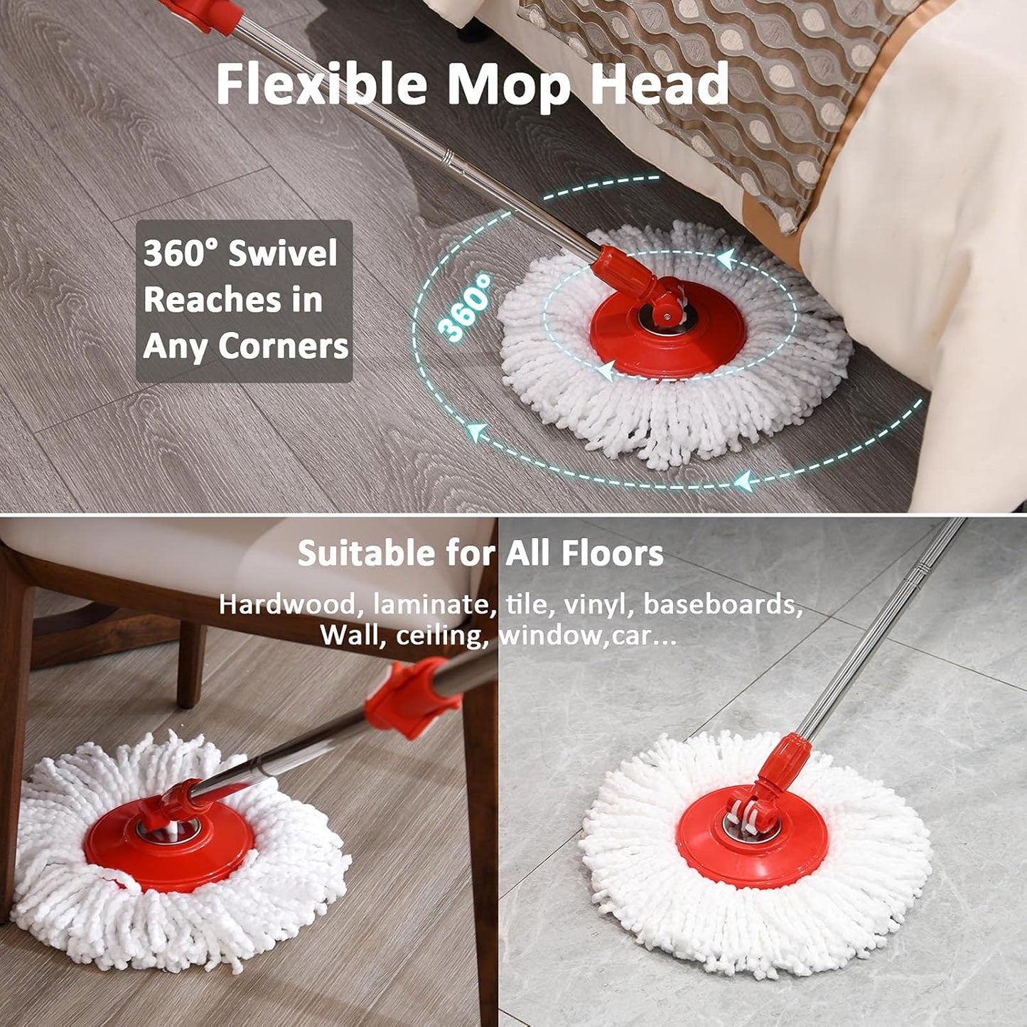 2-in-1 Floor Mop and Bucket Set – Hands-Free Spinning Mop with Round & Square Heads, Microfiber Pads, Wet & Dry Use for Hardwood, Tile, Laminate