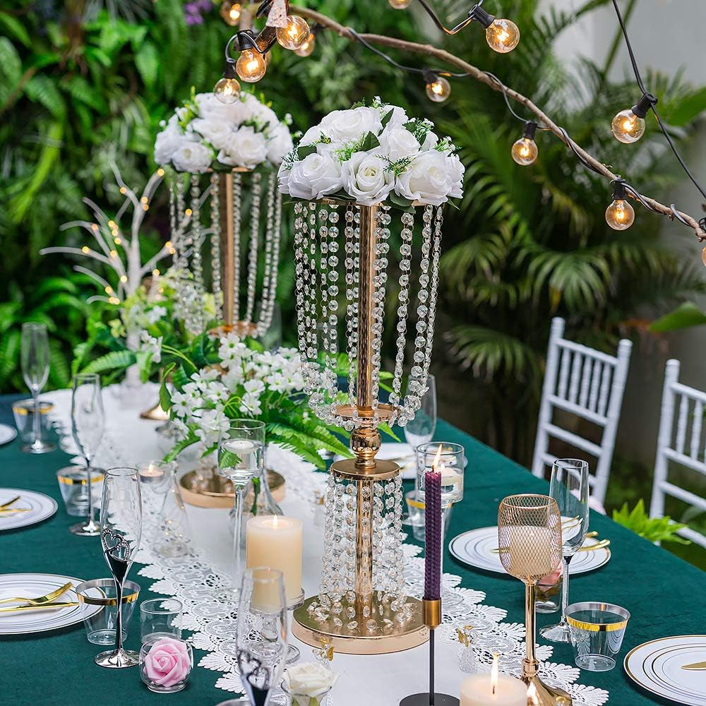 2-Piece 23.75" Gold Crystal Metal Vases – Tall Wedding Centerpiece Stands for Reception Tables