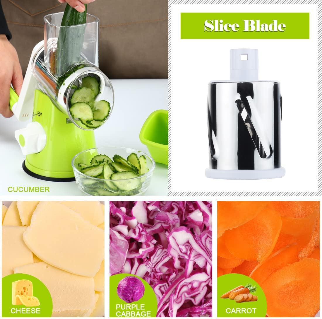 Rotary Cheese Grater & Vegetable Shredder with 3 Interchangeable Blades – Hand Crank Mandoline Slicer (Green)