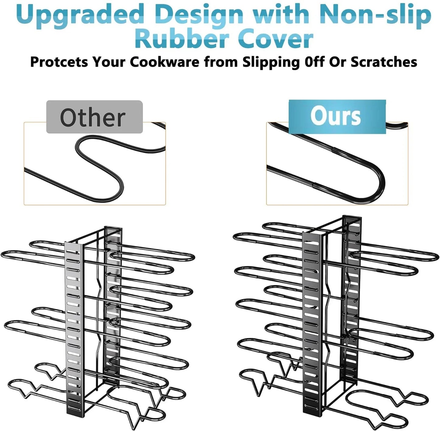 8-Tier Pot and Pan Organizer Rack – Adjustable Cookware Storage Stand with Pot Lid Holder for Kitchen Cabinet Organization
