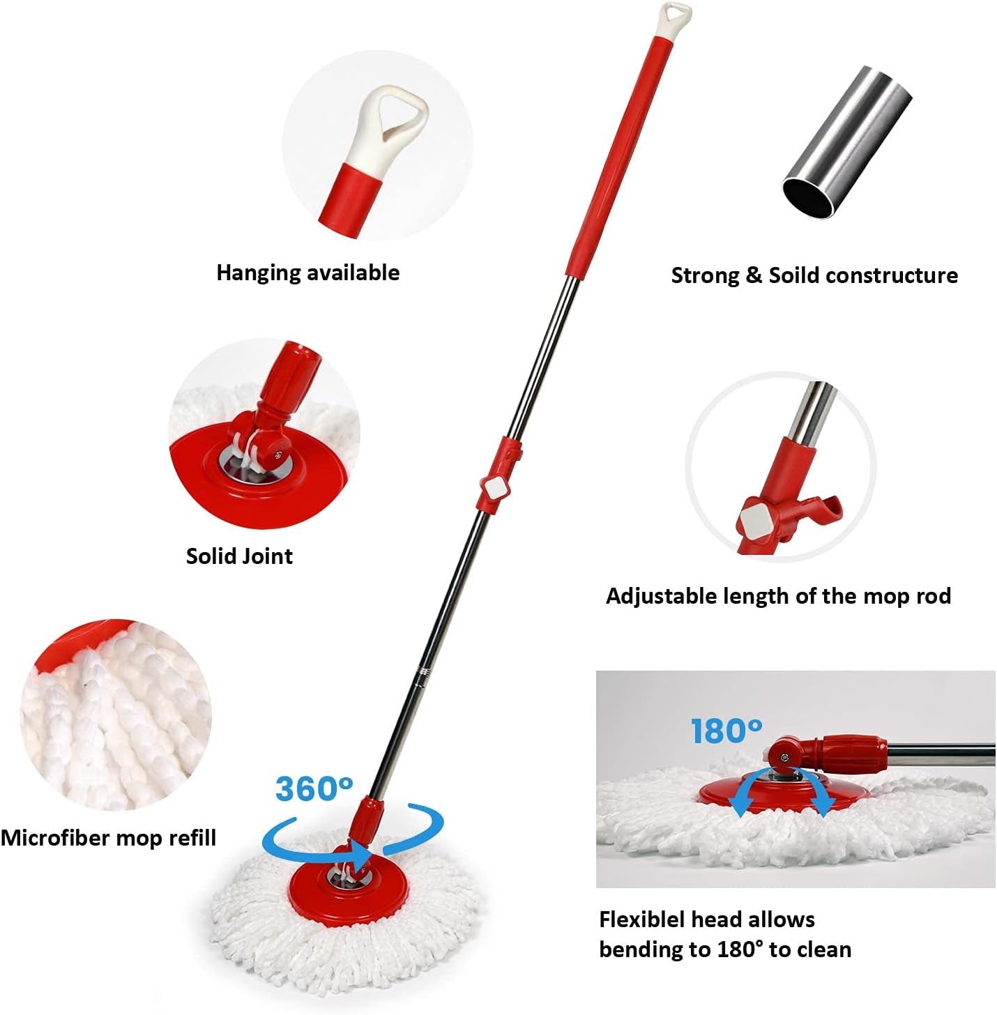 2-in-1 Floor Mop and Bucket Set – Hands-Free Spinning Mop with Round & Square Heads, Microfiber Pads, Wet & Dry Use for Hardwood, Tile, Laminate