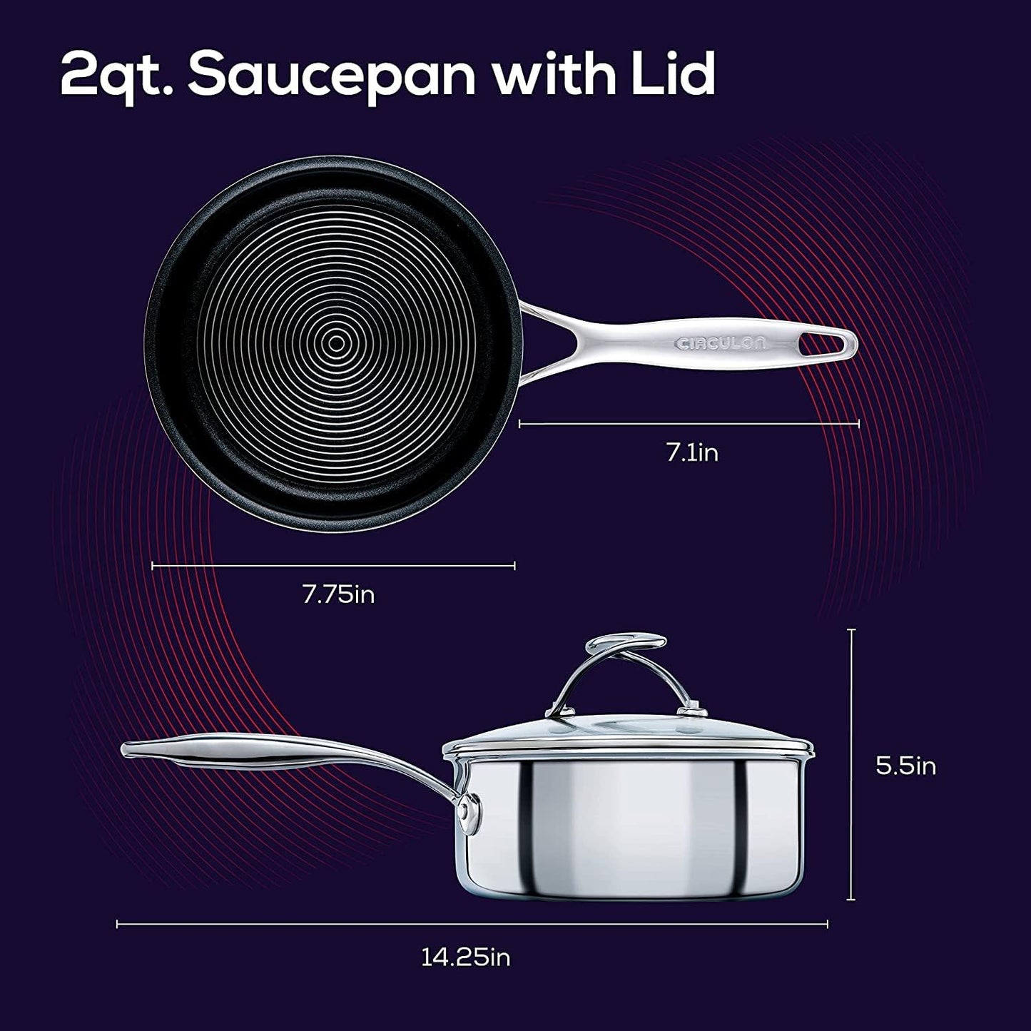 2-Quart Clad Stainless Steel Saucepan with Glass Lid – Hybrid SteelShield & Nonstick Technology – Silver