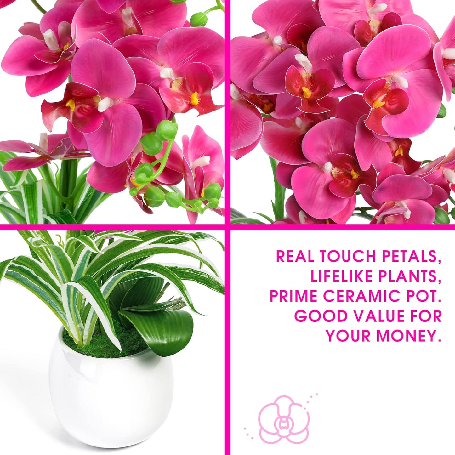 19” Artificial Fuchsia Orchid Plant with Ceramic Vase – Realistic Faux Flower Decor