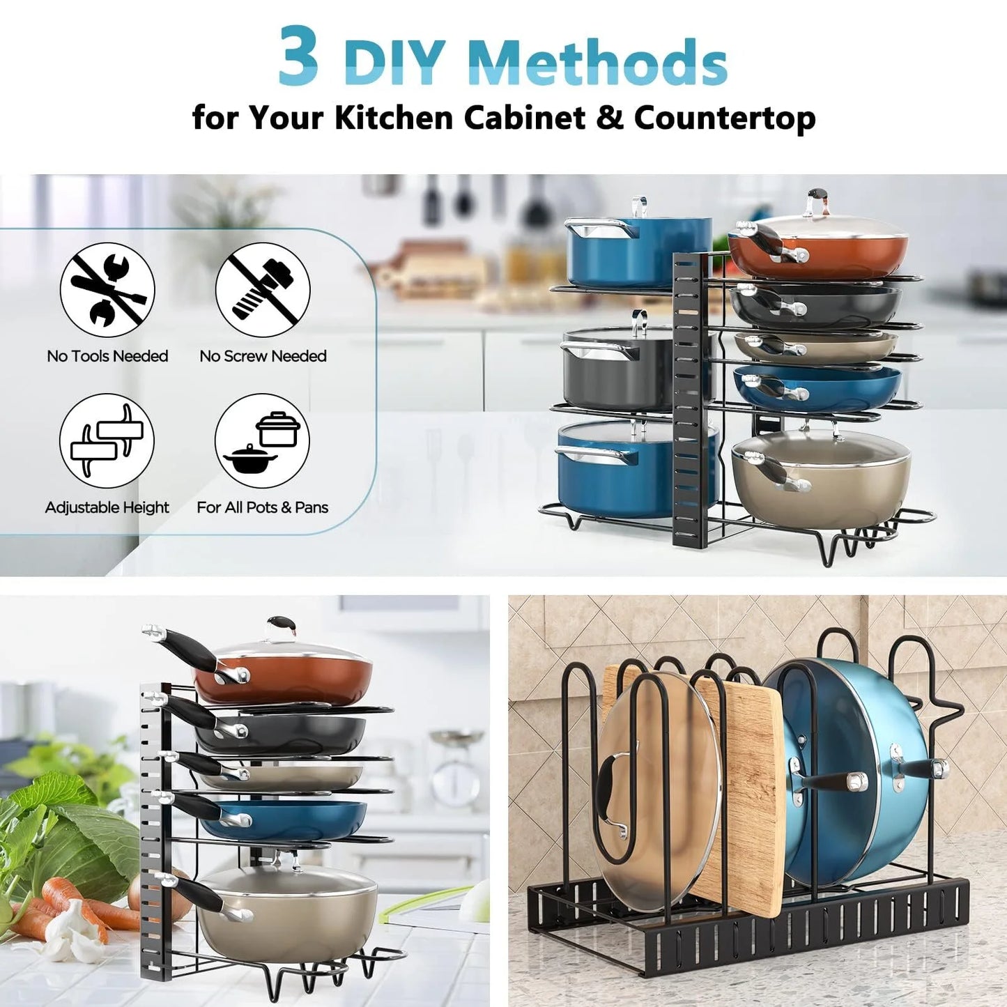 8-Tier Pot and Pan Organizer Rack – Adjustable Cookware Storage Stand with Pot Lid Holder for Kitchen Cabinet Organization