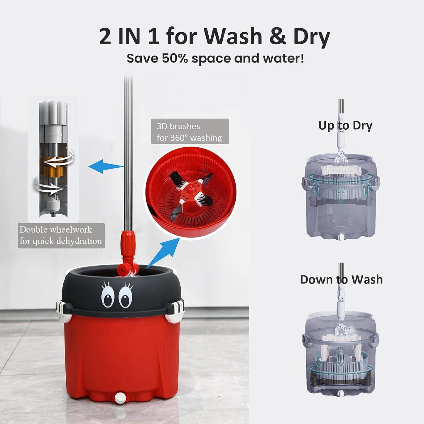 2-in-1 Floor Mop and Bucket Set – Hands-Free Spinning Mop with Round & Square Heads, Microfiber Pads, Wet & Dry Use for Hardwood, Tile, Laminate