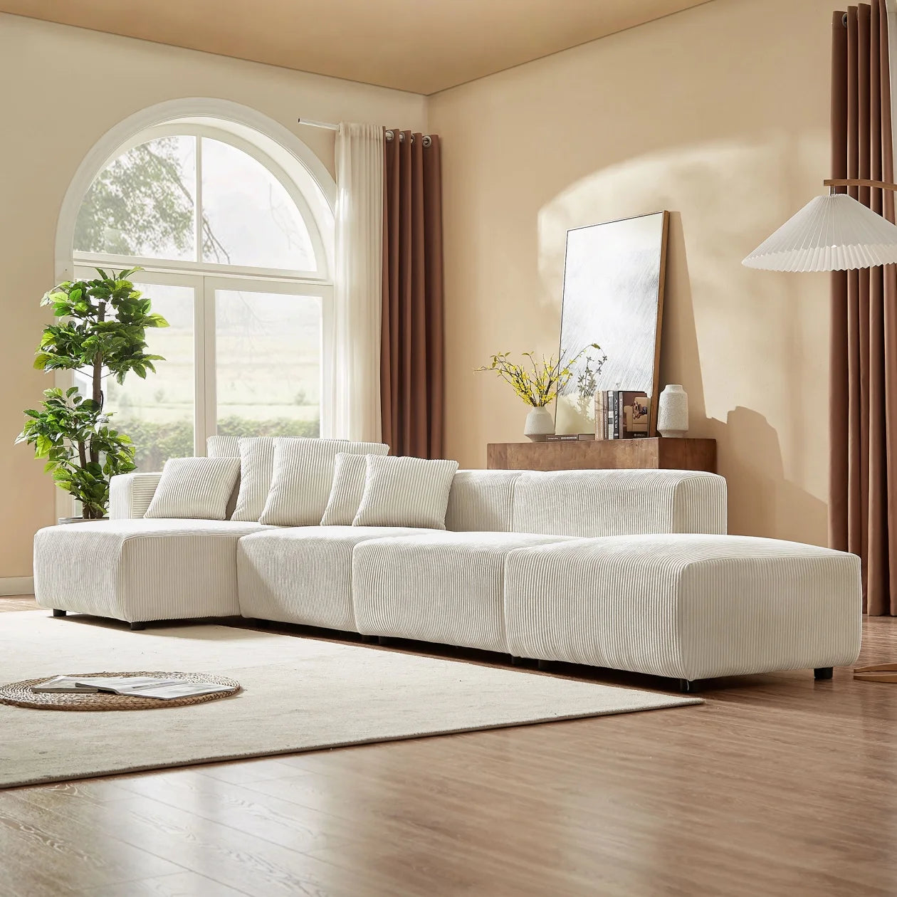 155" Modular L-Shaped Sectional Sofa – 4-Piece Corduroy Upholstered Deep Seat Couch with Reversible Chaise, Beige – Modern Minimalist Corner Sofa for Living Room or Office