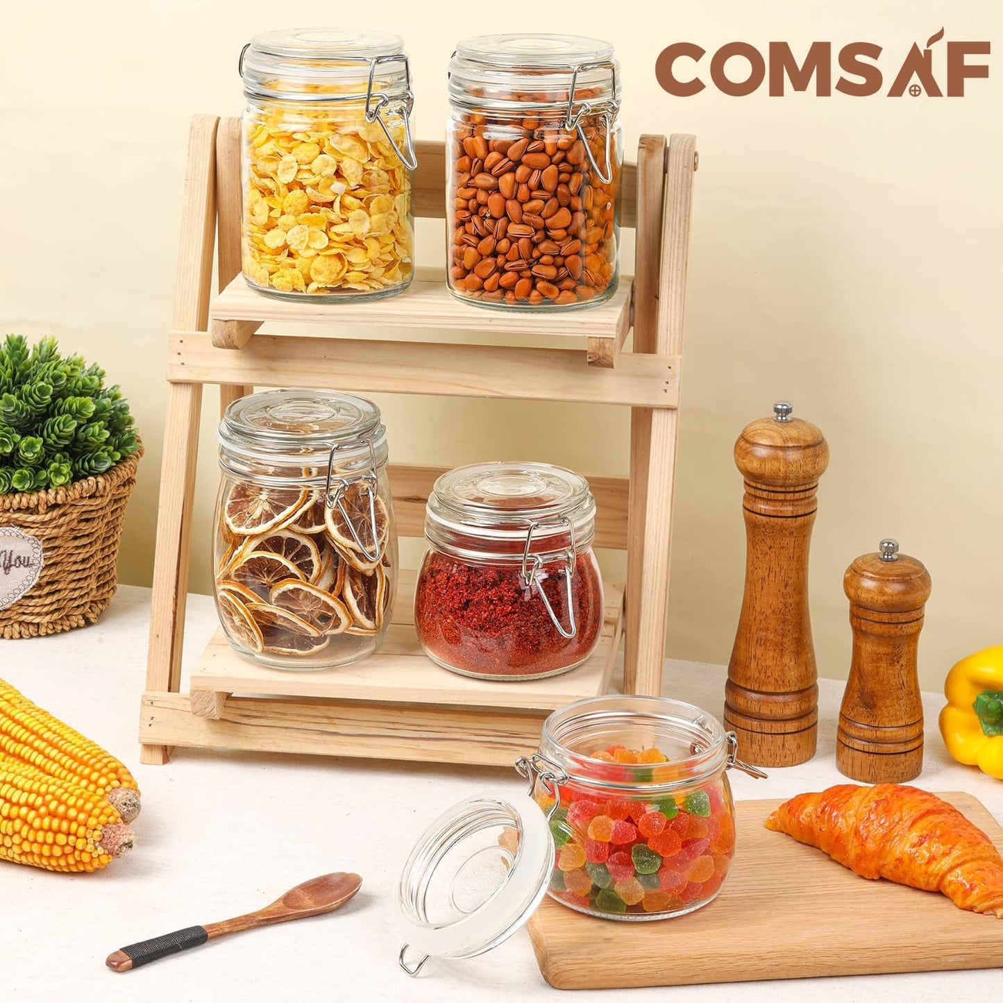 Airtight Glass Canister Set of 6 – 17oz Food Storage Jars with Lids & Wire Clip Seals – Clear Round Containers for Cereal, Pasta, Sugar, Beans & Spices