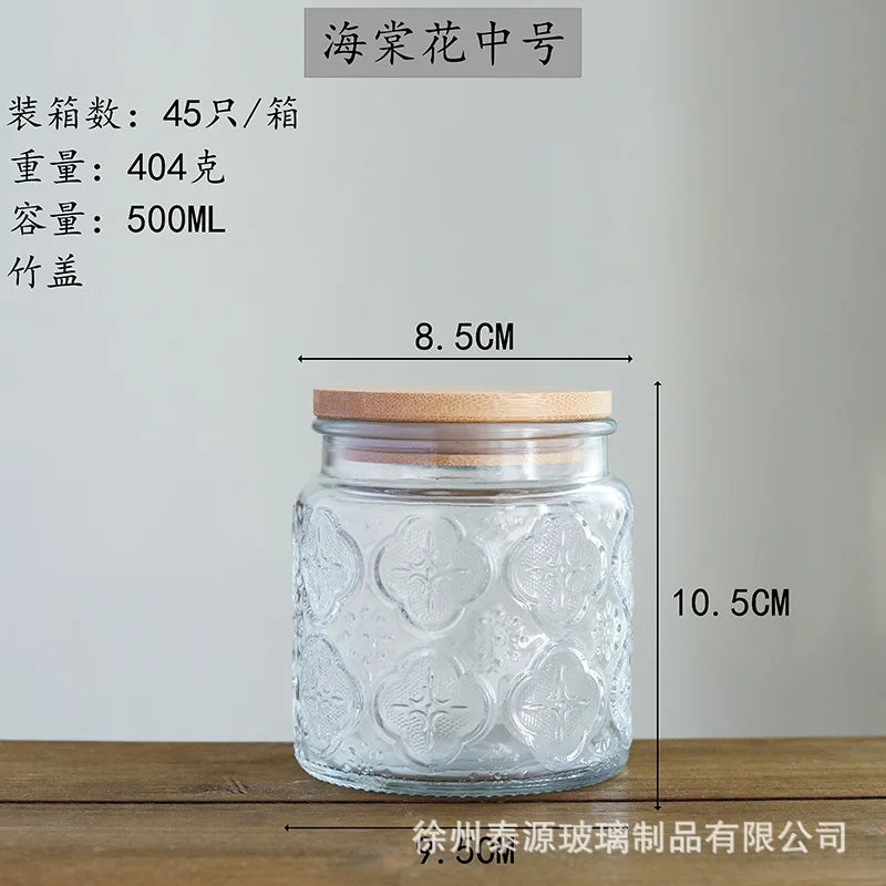 Vintage Embossed Glass Storage Jar with Acacia Wood Lid