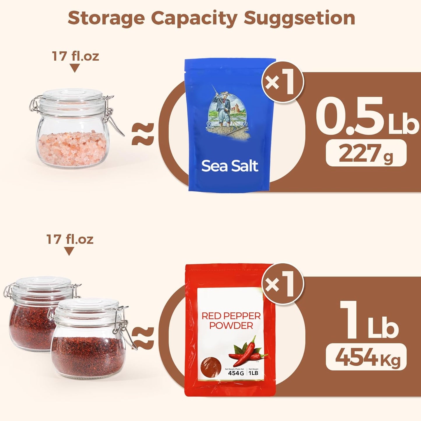 Airtight Glass Canister Set of 6 – 17oz Food Storage Jars with Lids & Wire Clip Seals – Clear Round Containers for Cereal, Pasta, Sugar, Beans & Spices